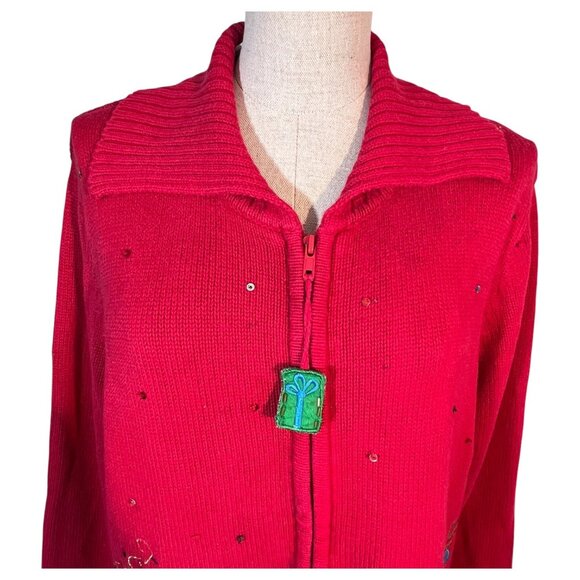 Tiara International Christmas Collection Red Reindeer Sweater Women Size L Zip - Picture 9 of 10